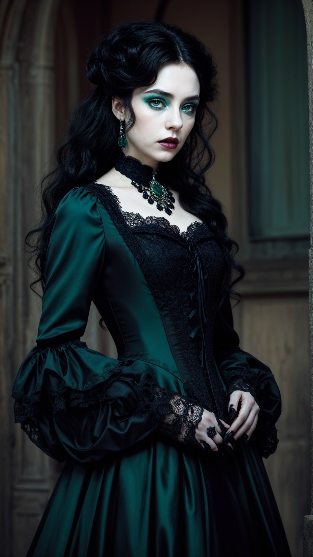 Elegant Woman in Dark Opulent Gown with Lace Details