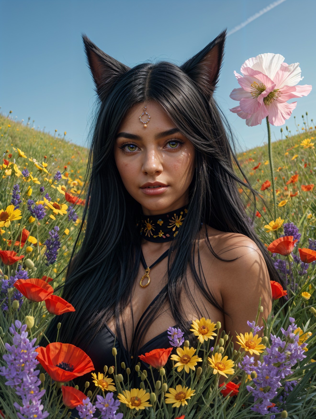 Young woman with cat ears in a flower field