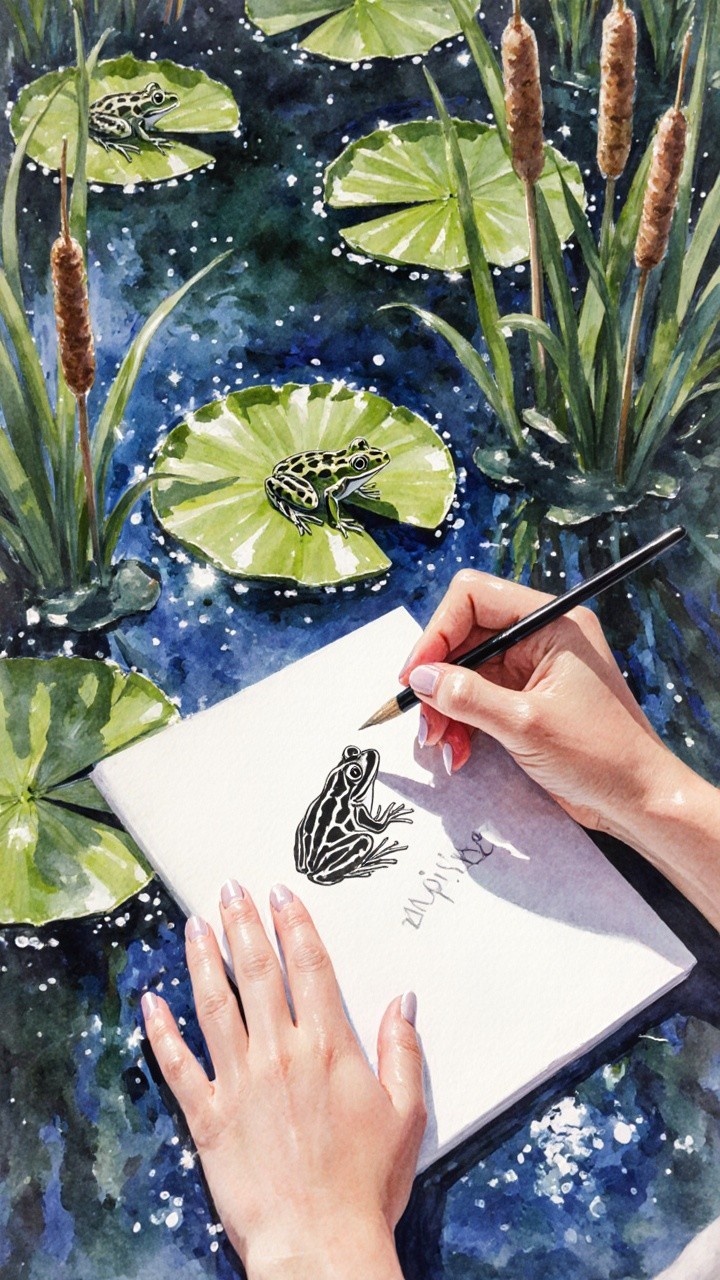 Sketching a Frog Amidst Lily Pads and Tranquil Water