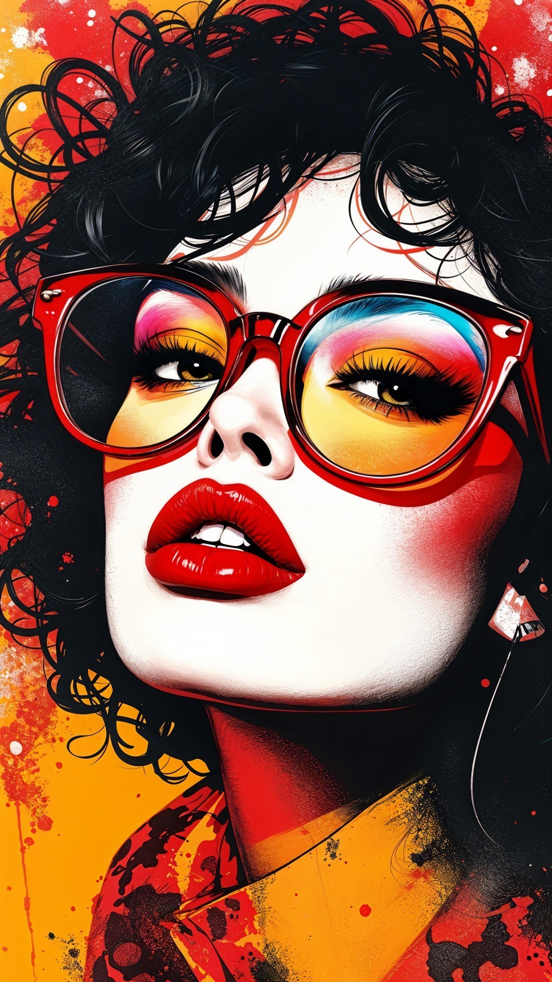 Portrait of a woman with curly hair and bold makeup