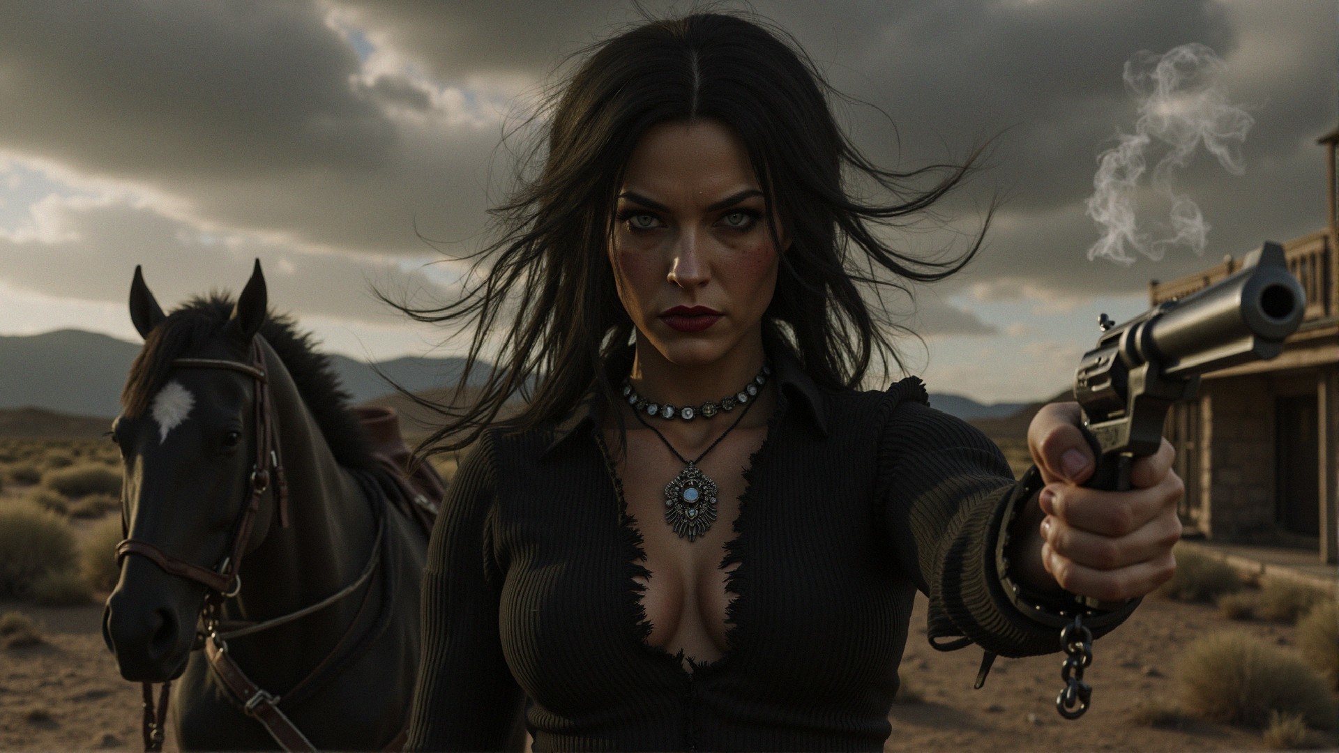 Fierce Woman with Revolver in Desolate Landscape