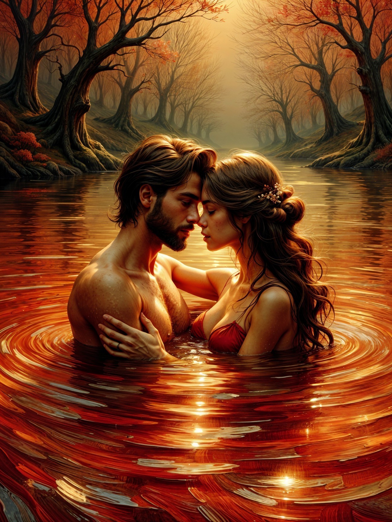 Couple Embraces in Serene Crimson Lake Setting