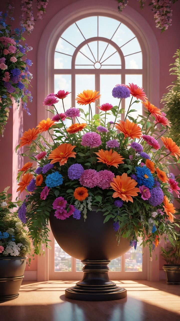 Vibrant Floral Arrangement in Elegant Urn with Natural Light