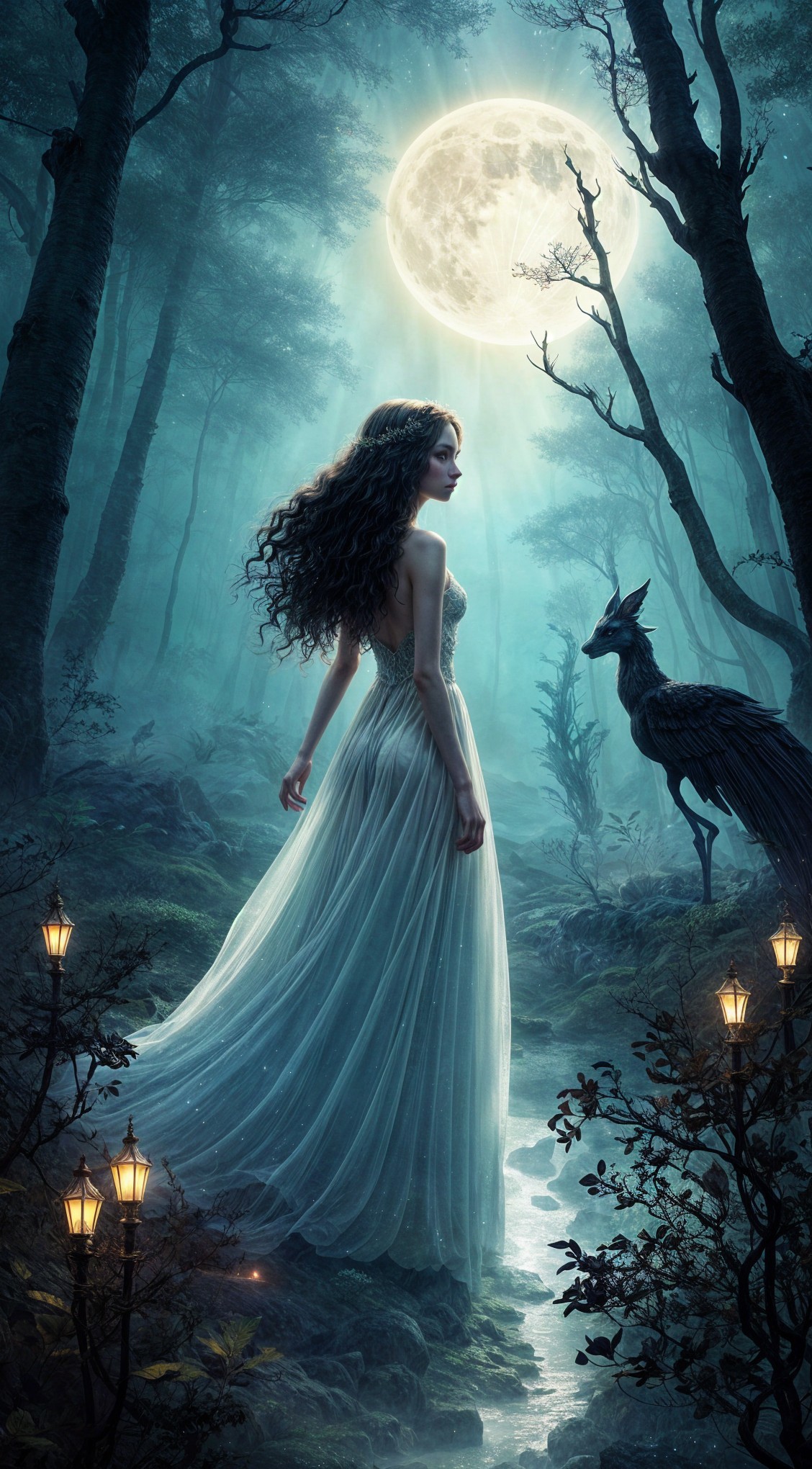 Mystical forest scene with serene woman and lanterns