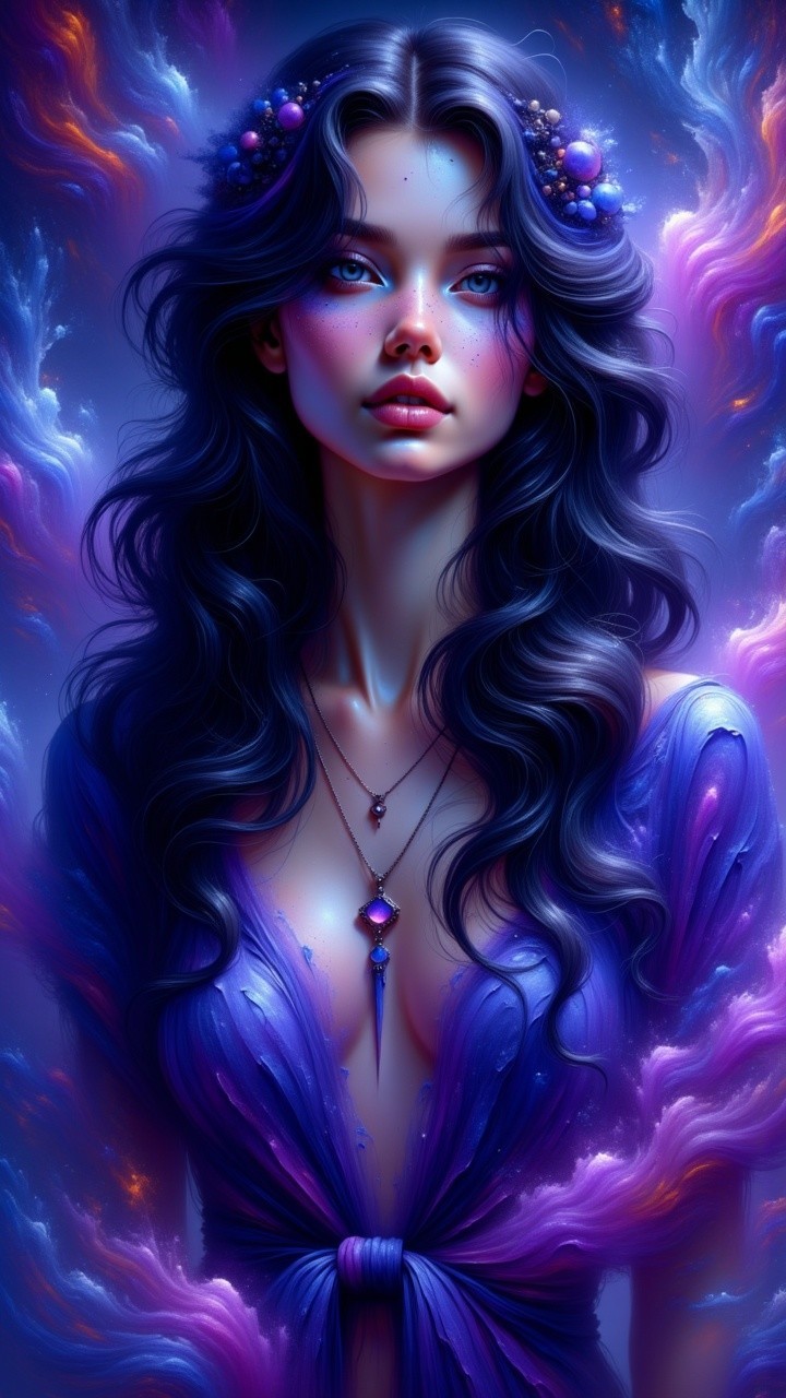 Mystical Portrait of a Young Woman in Purple Dress