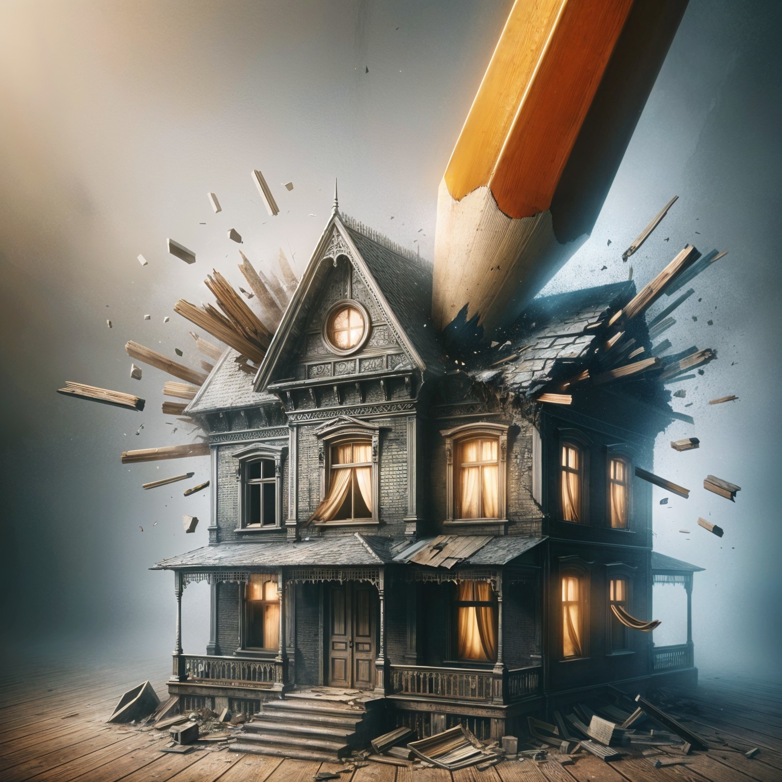 Surreal Scene of House Impacted by Giant Pencil