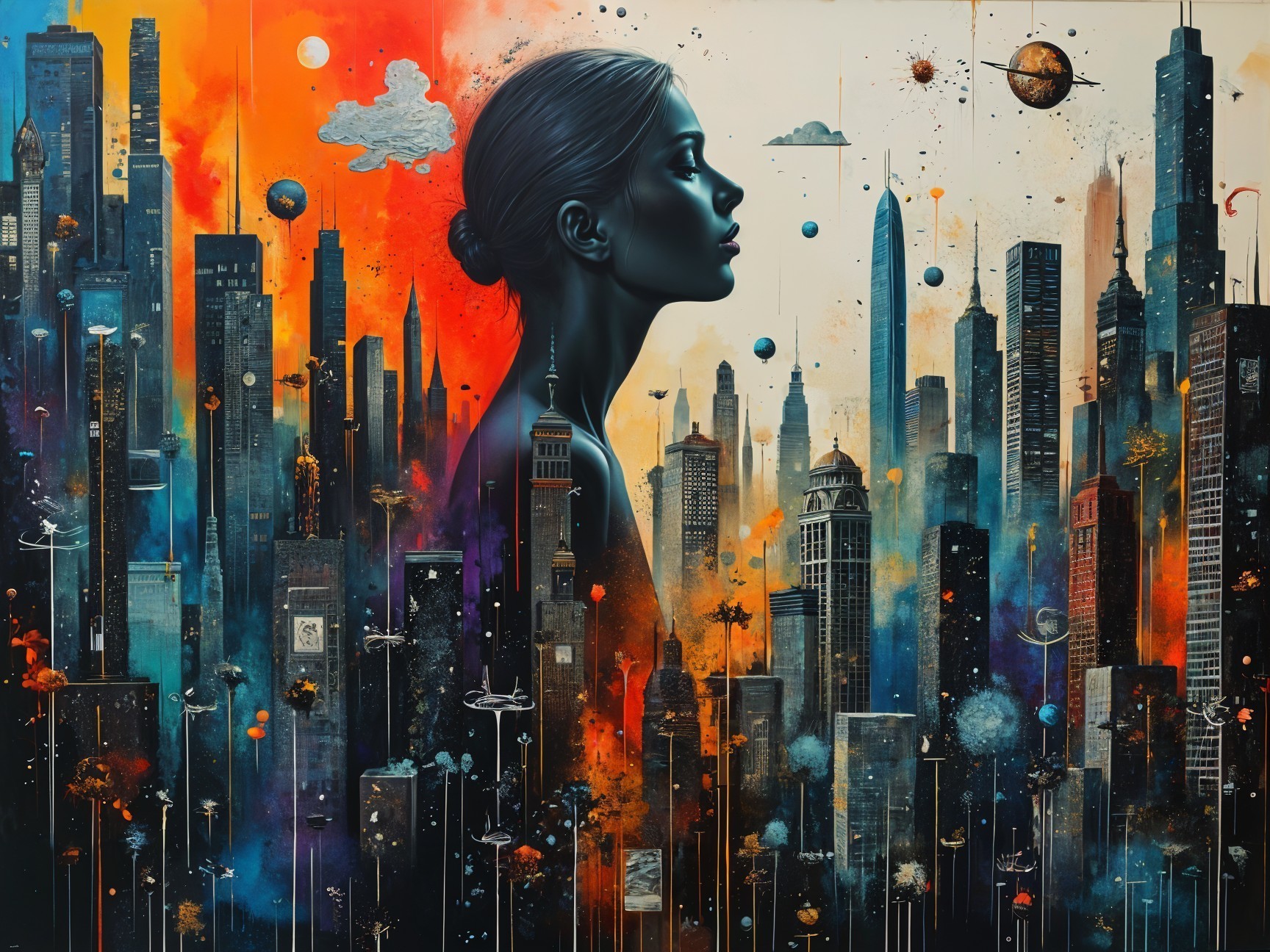 Silhouette of Woman Against Vibrant City Skyline