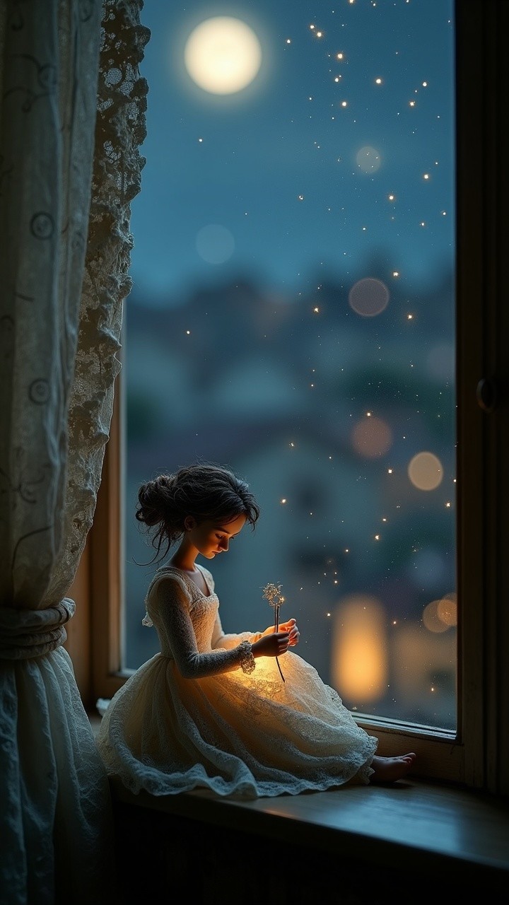 Young Girl in White Dress Gazes at Dandelion by Window