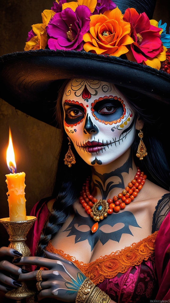 Traditional Day of the Dead Attire and Sugar Skull Makeup