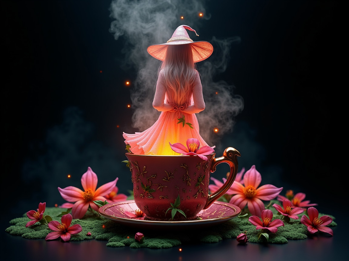 Whimsical Tea Cup with Floral Patterns and Steam Figure