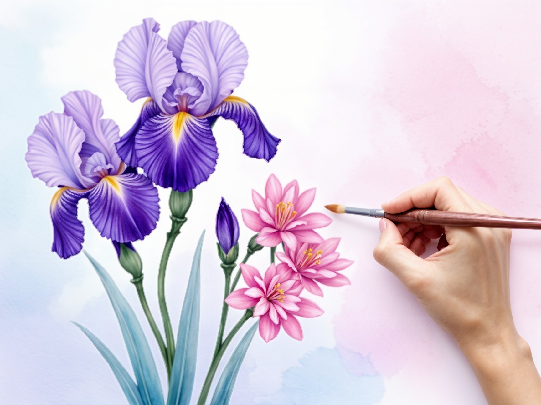 Watercolor Painting of Purple Irises and Pink Lilies