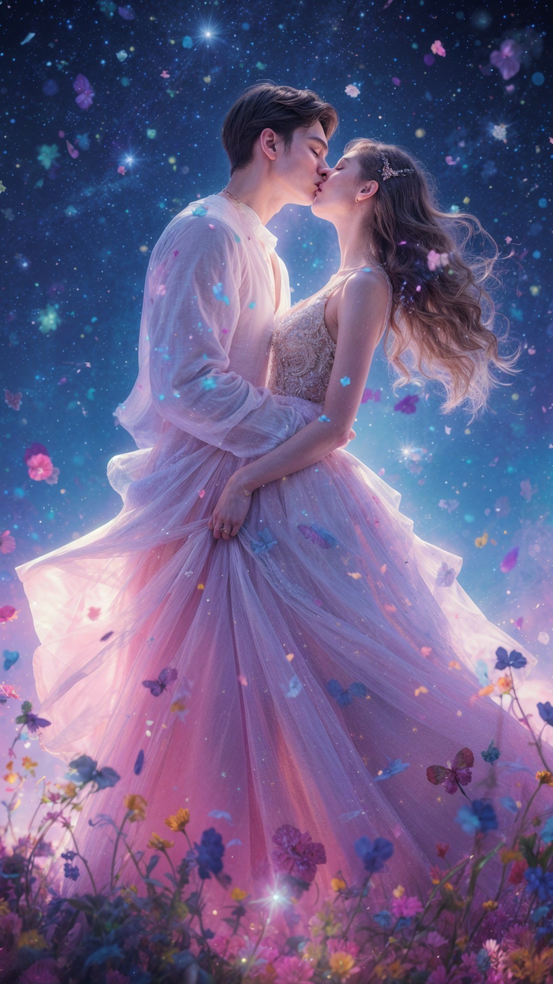 Couple Kissing in a Colorful Ethereal Landscape