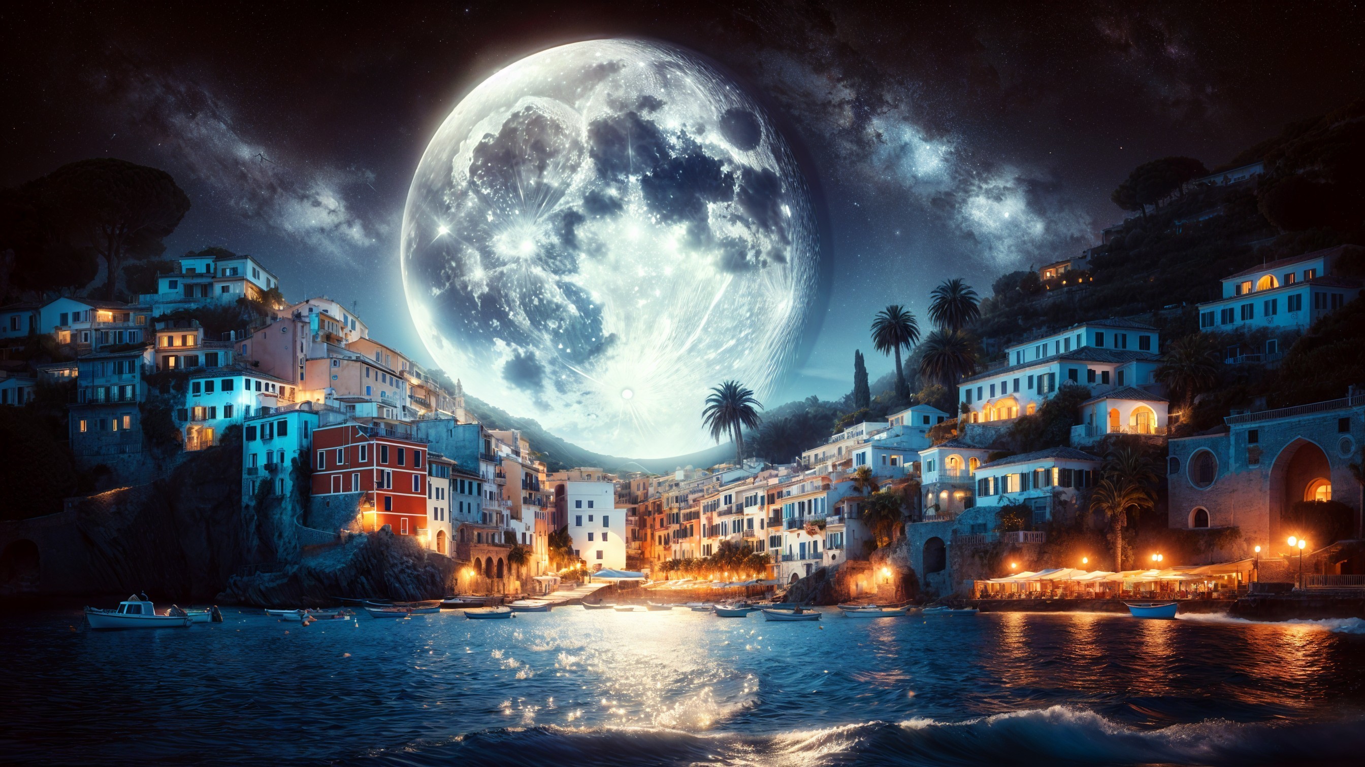 Coastal Village Under Full Moon and Starry Sky