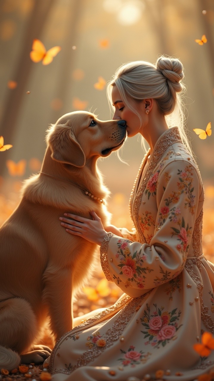 Autumn Forest Scene with Woman and Golden Retriever