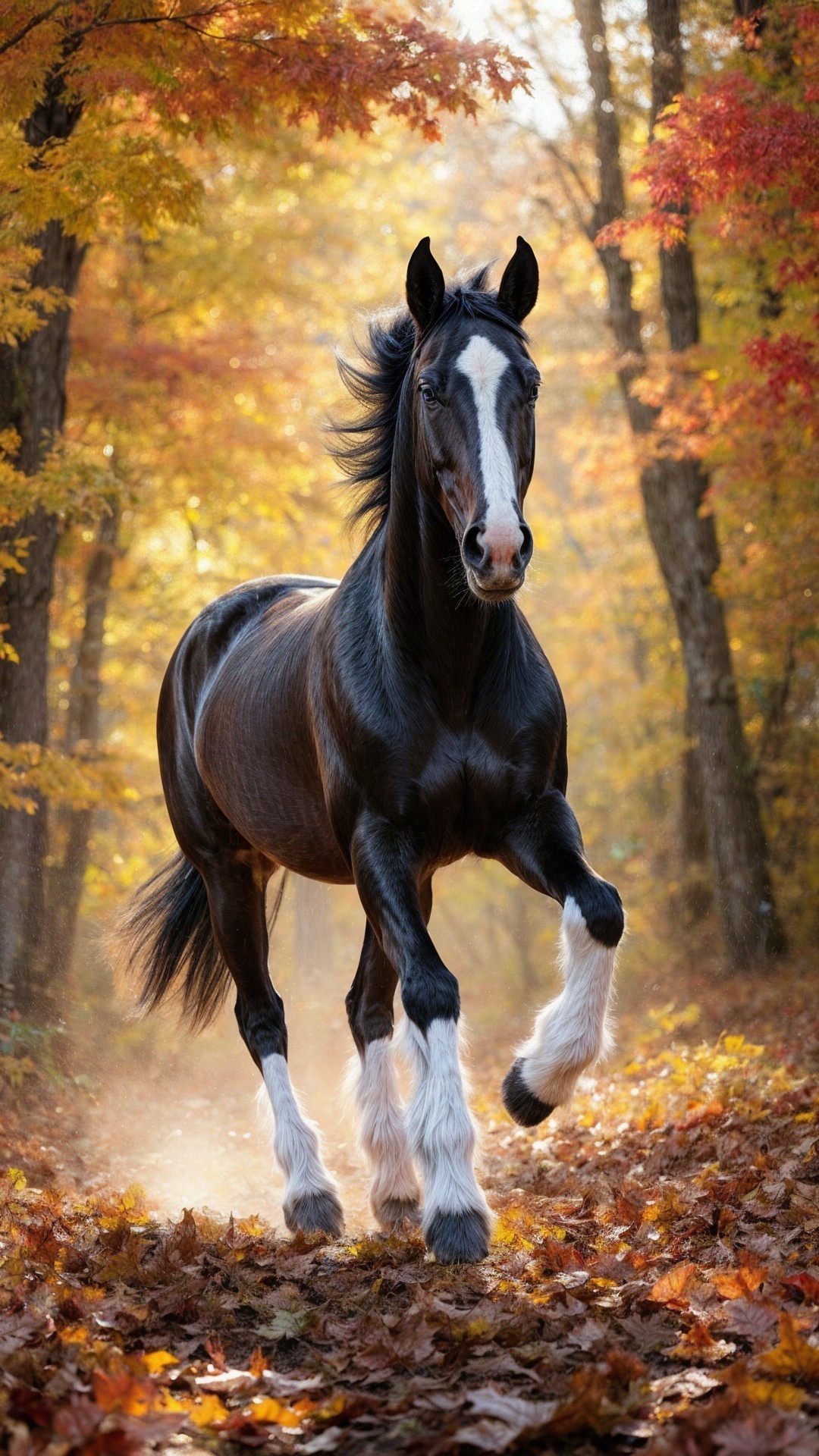 Black Horse Galloping Through Autumn Forest景