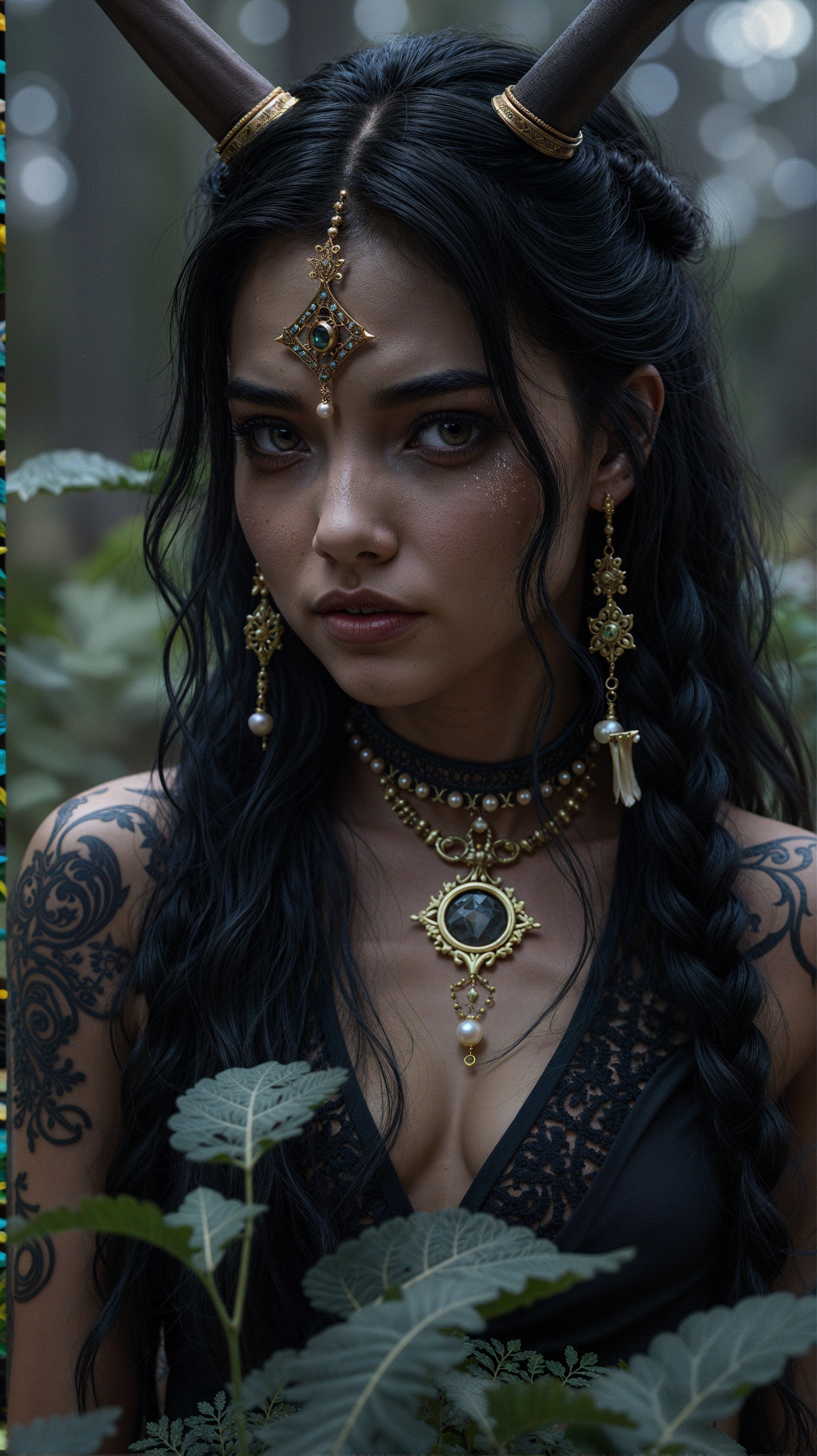 Mystical Figure in Lush Forest with Intricate Jewelry