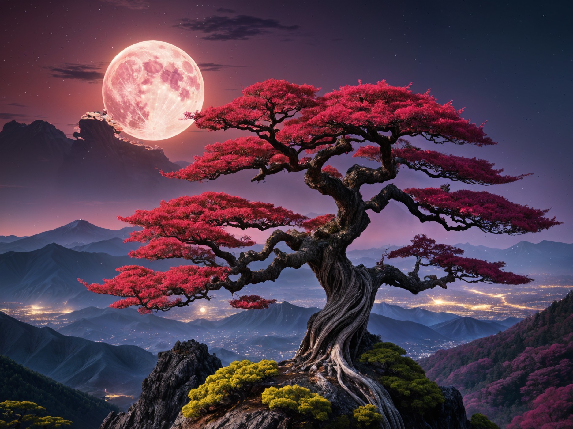 Majestic tree with red foliage under a full moon