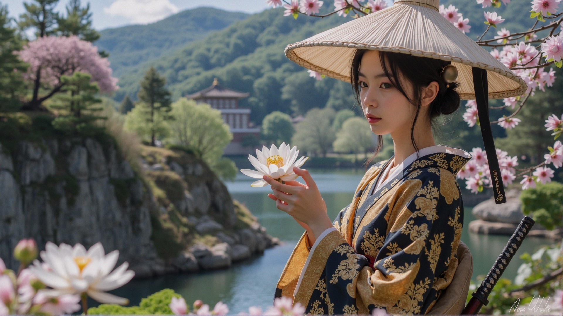 Serene Landscape with Young Woman and Lotus Flower