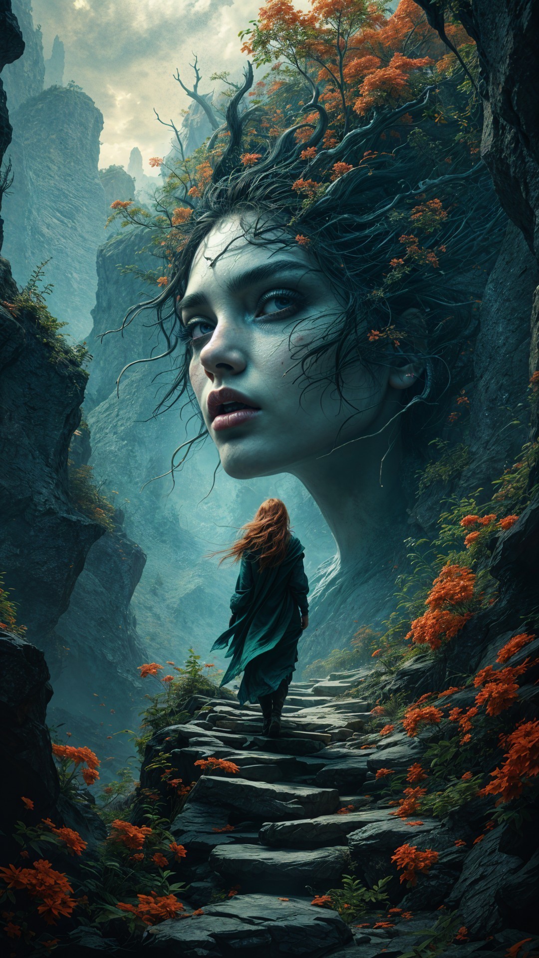 Mystical Landscape with Ethereal Nature Spirit Face