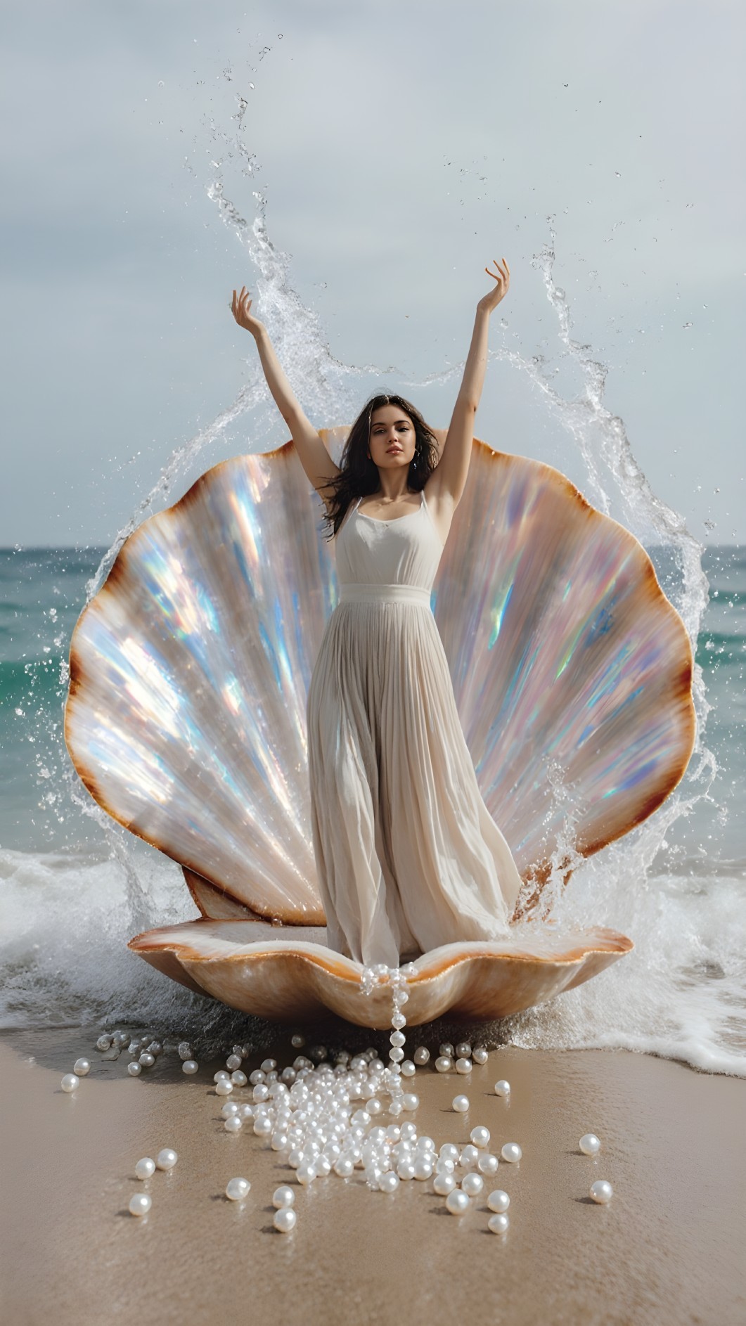 Woman in a seashell on a beach with pearls and waves