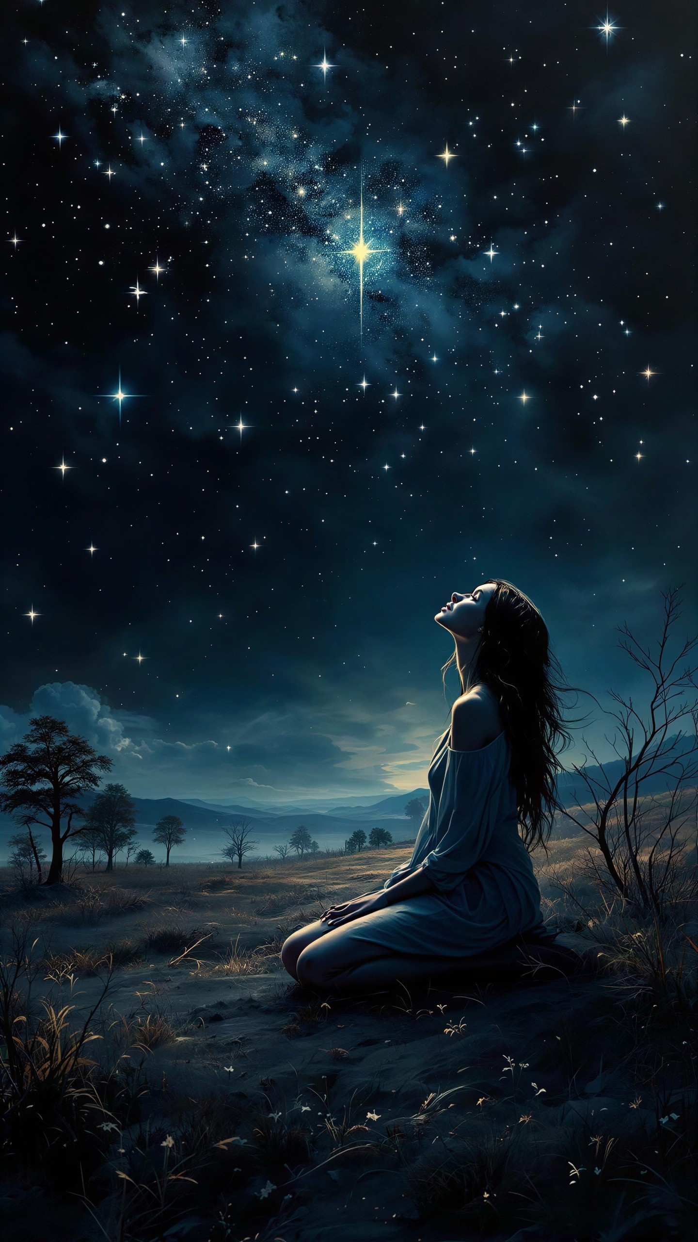 Young Woman in Blue Dress on Starry Hillside at Night