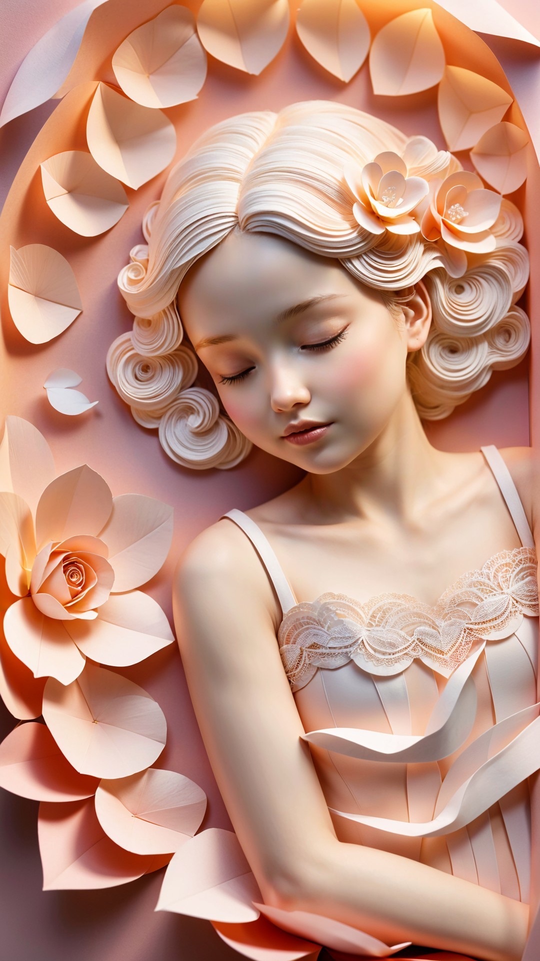 Porcelain Doll Figure on Paper Petals in Soft Colors