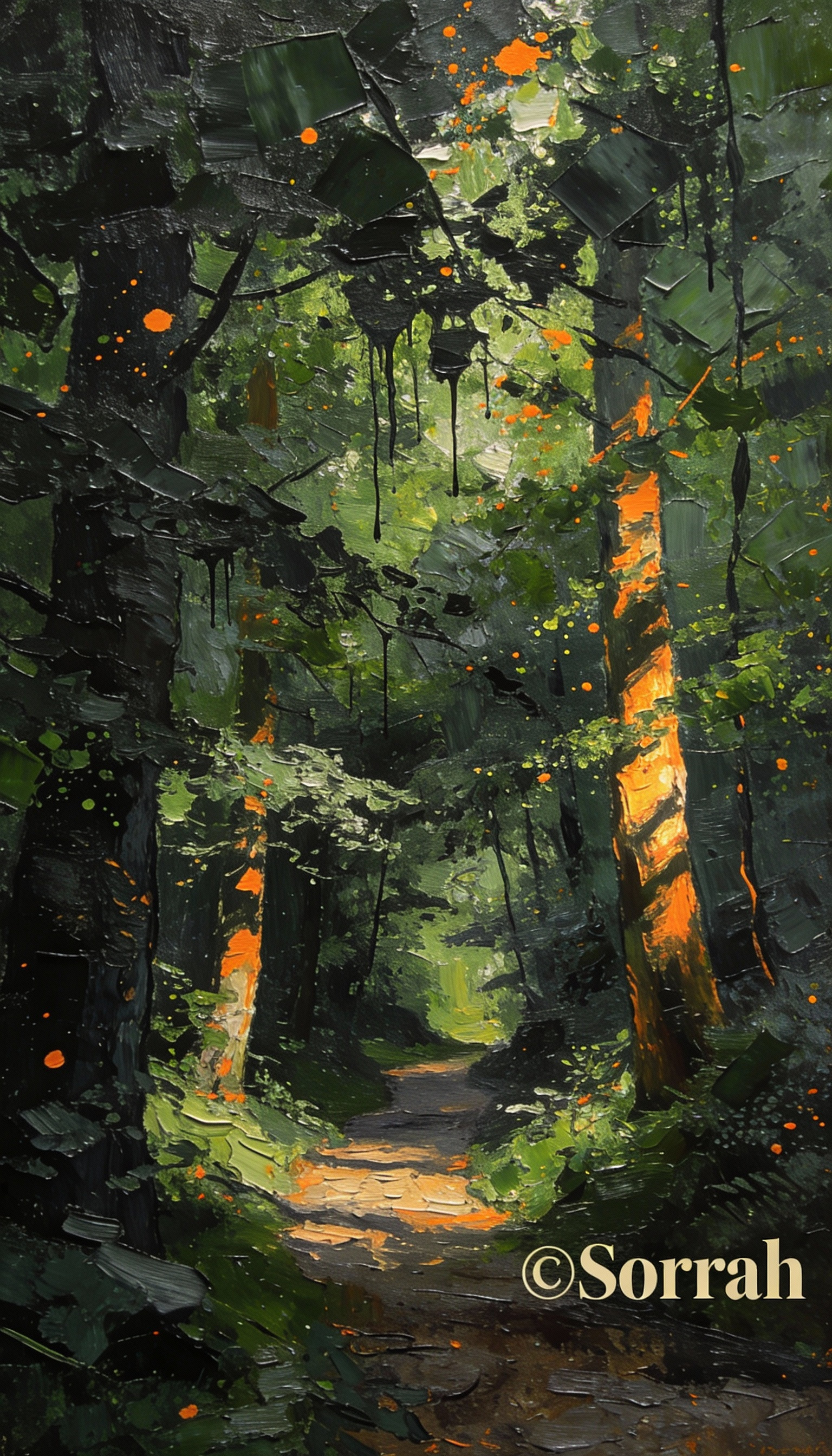 Vertical Impasto Oil Painting of Forest Light Effects