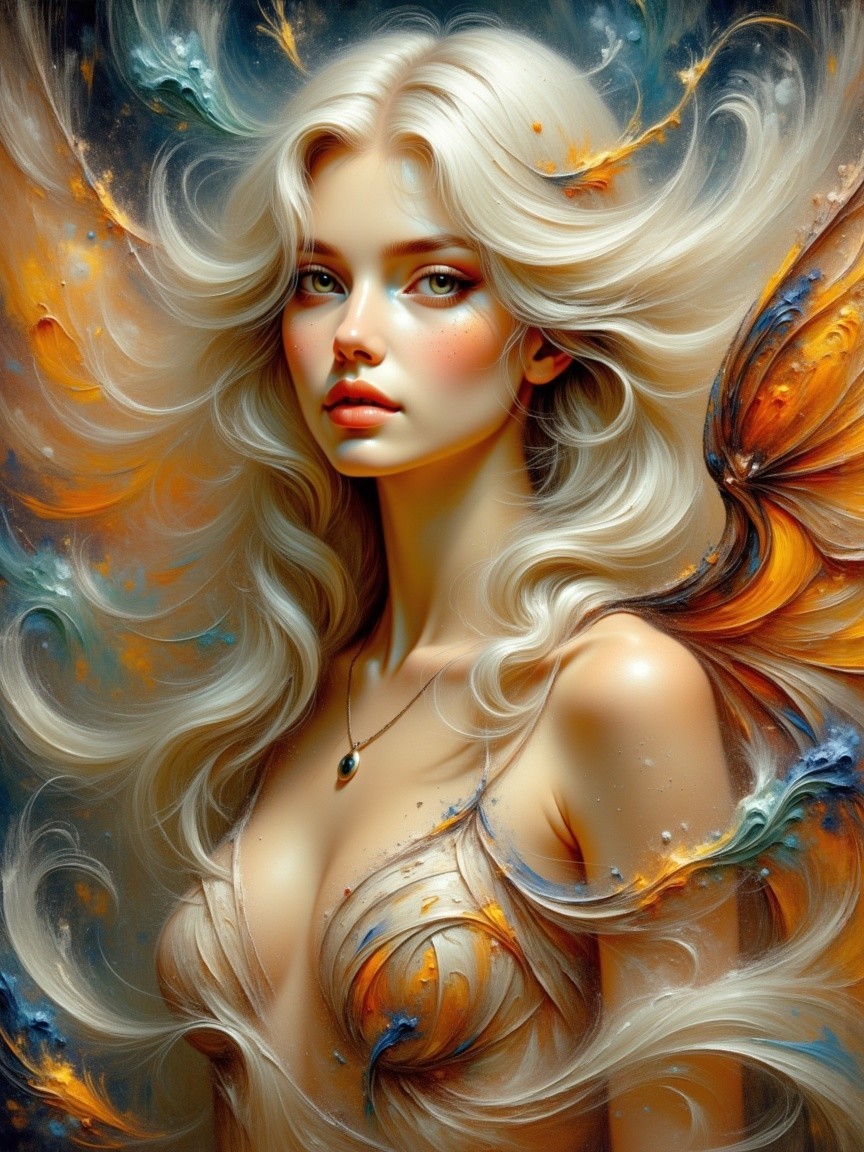 Enchanting figure with silvery hair and butterfly wings