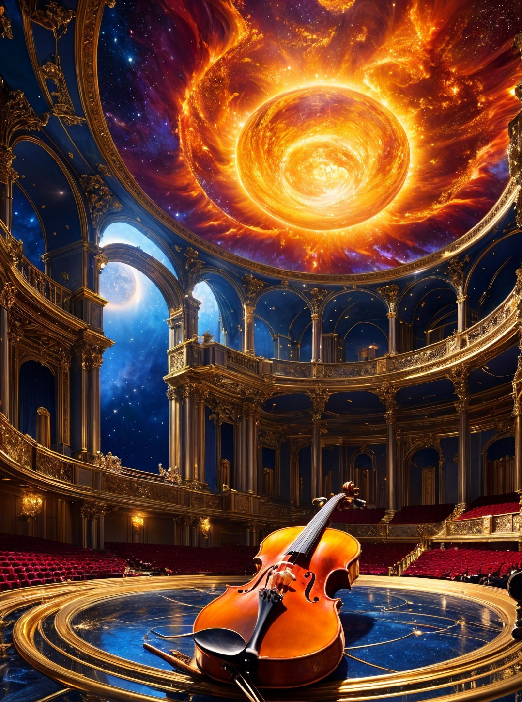 Elegant concert hall with ornate architecture and violin