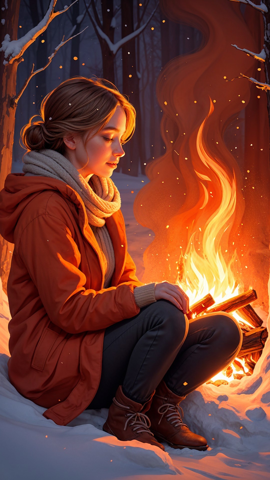 Young woman by campfire in snowy forest setting