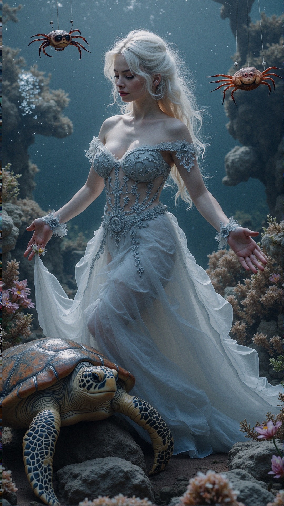 Underwater Scene with Woman in Elegant Dress and Marine Life