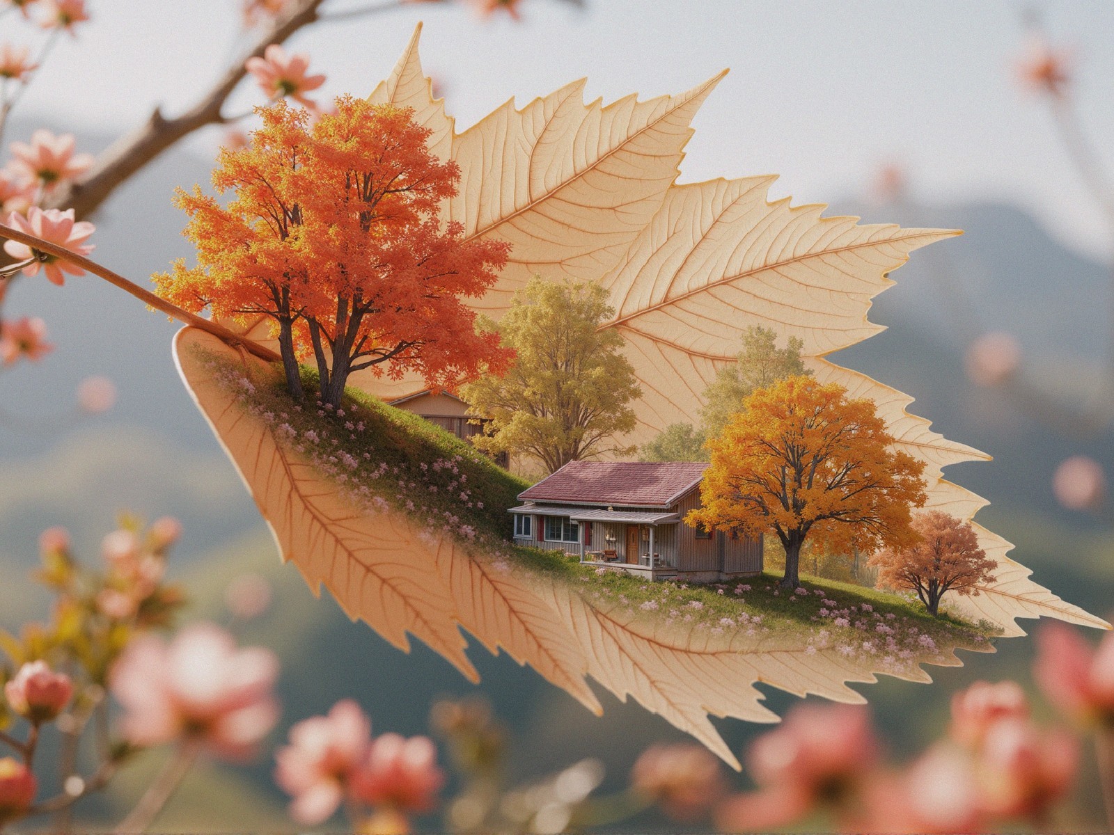 Autumn Leaf with Serene Landscape and Colorful Trees