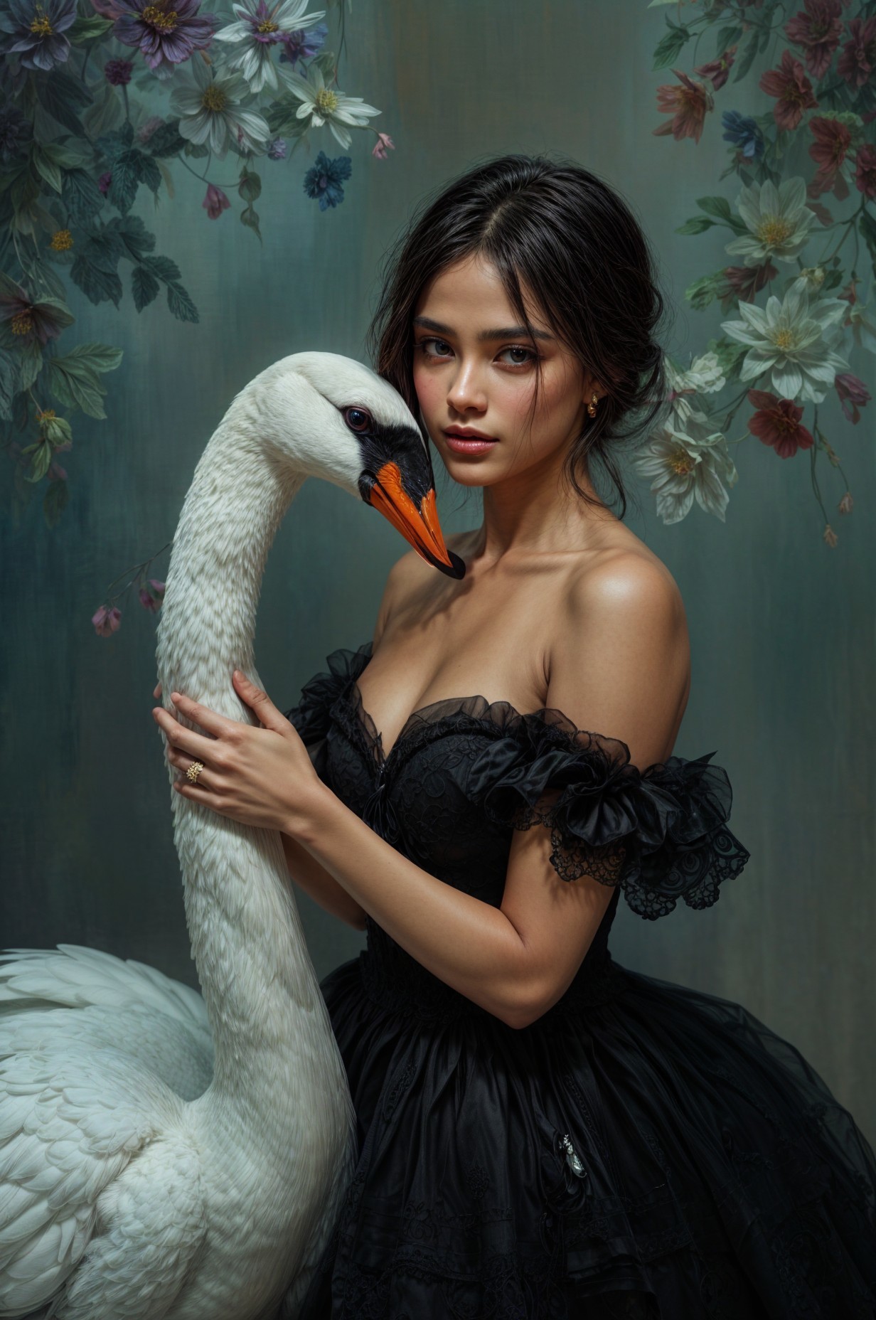 Elegant Woman in Black Dress with White Swan
