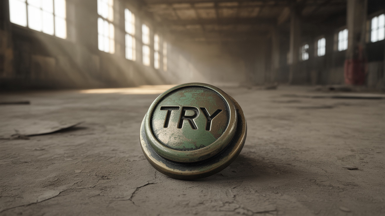 Weathered Green Button on Dusty Warehouse Floor