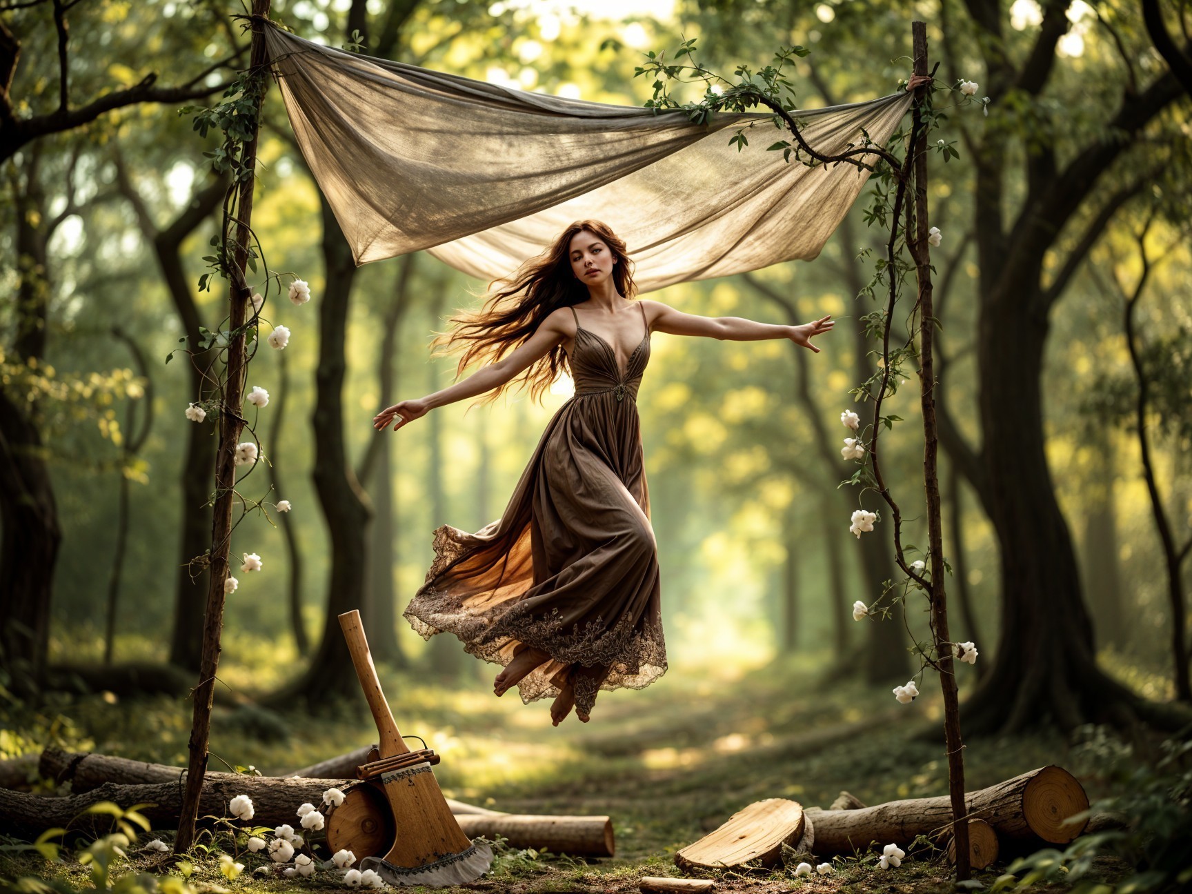 Young woman in brown dress in serene forest setting
