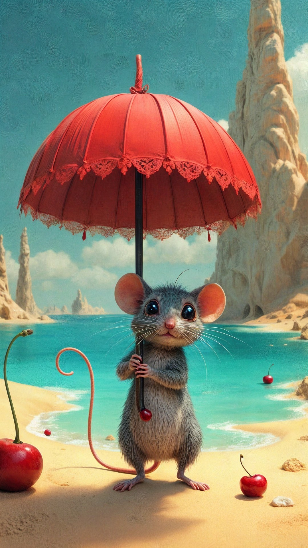 Charming Mouse with Umbrella on Sandy Beach Scene