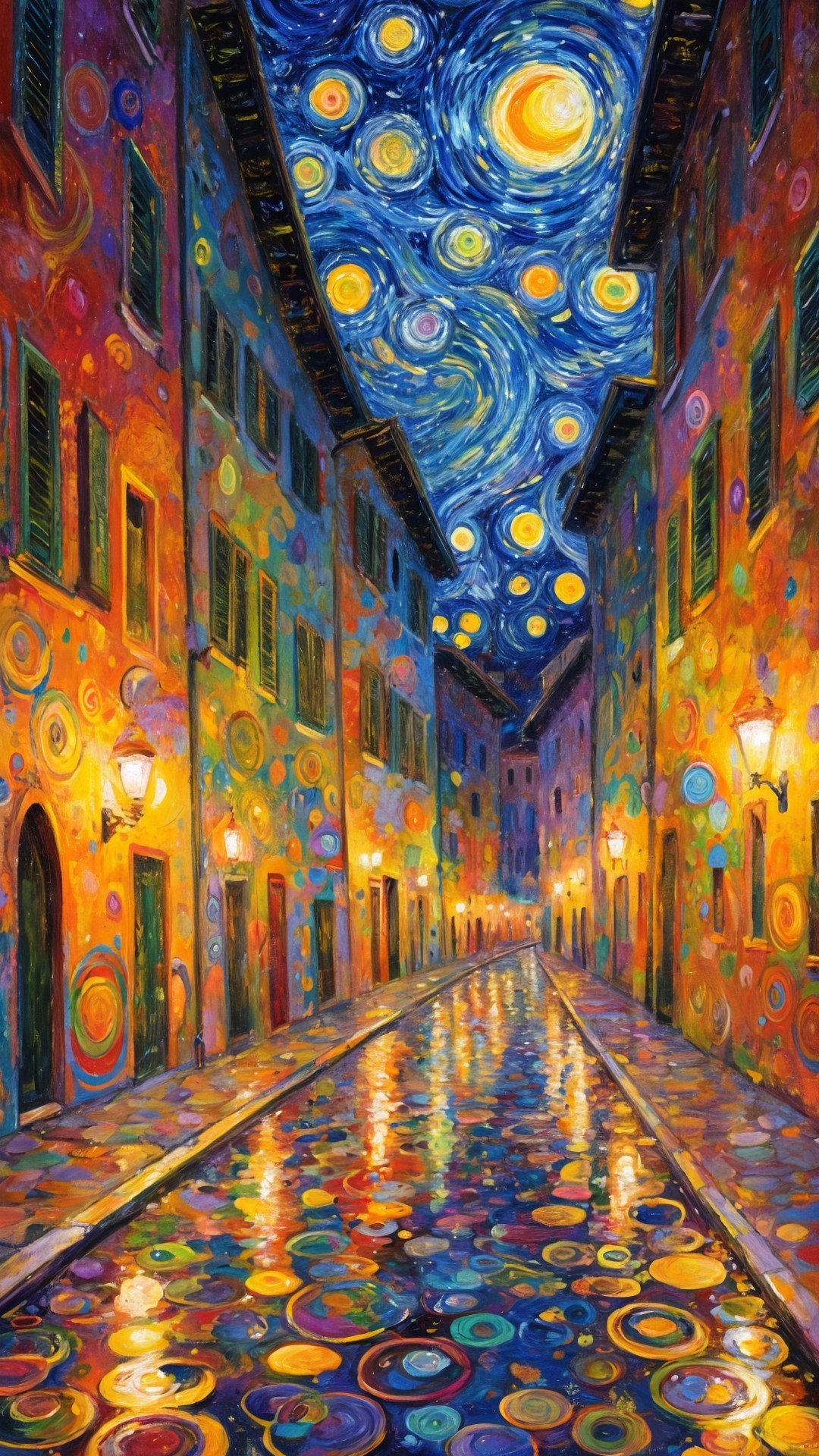 Impressionistic Street Scene with Colorful Night Sky