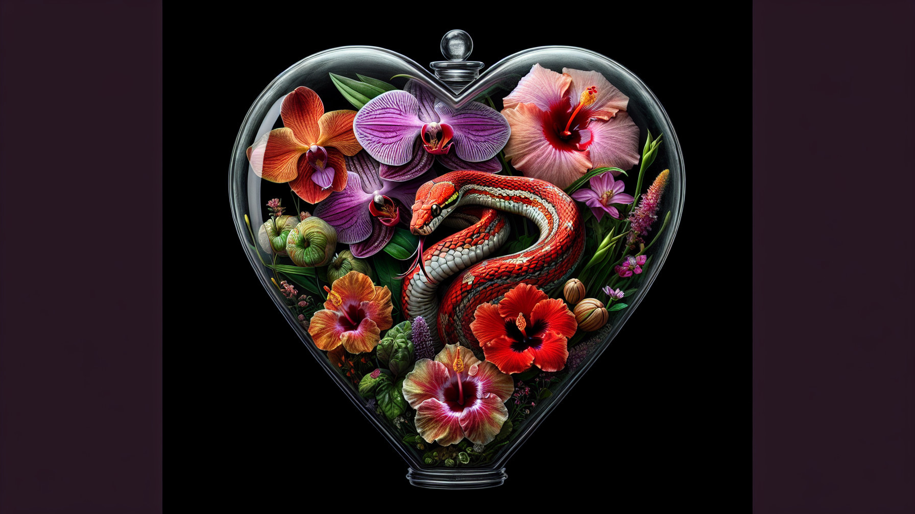 Heart-Shaped Glass Display with Flowers and Snake
