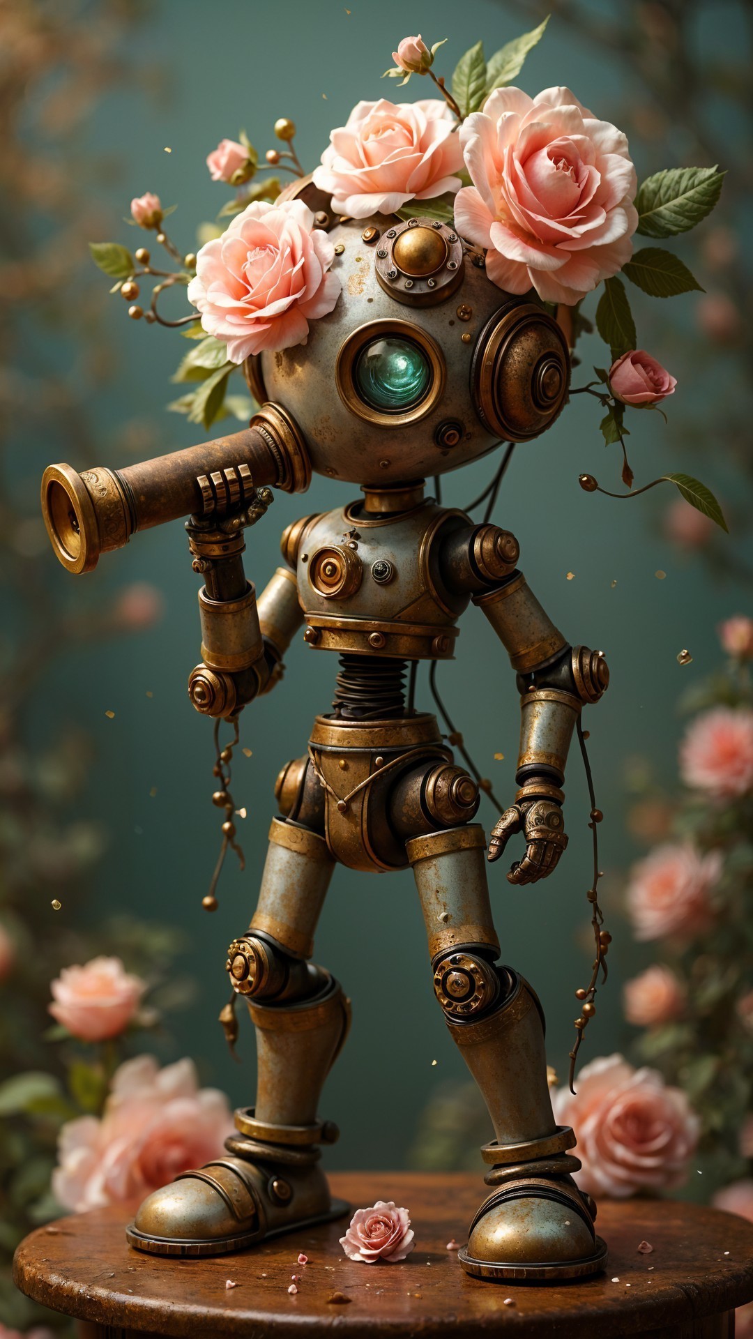 Steampunk Robot on Pedestal with Roses and Camera