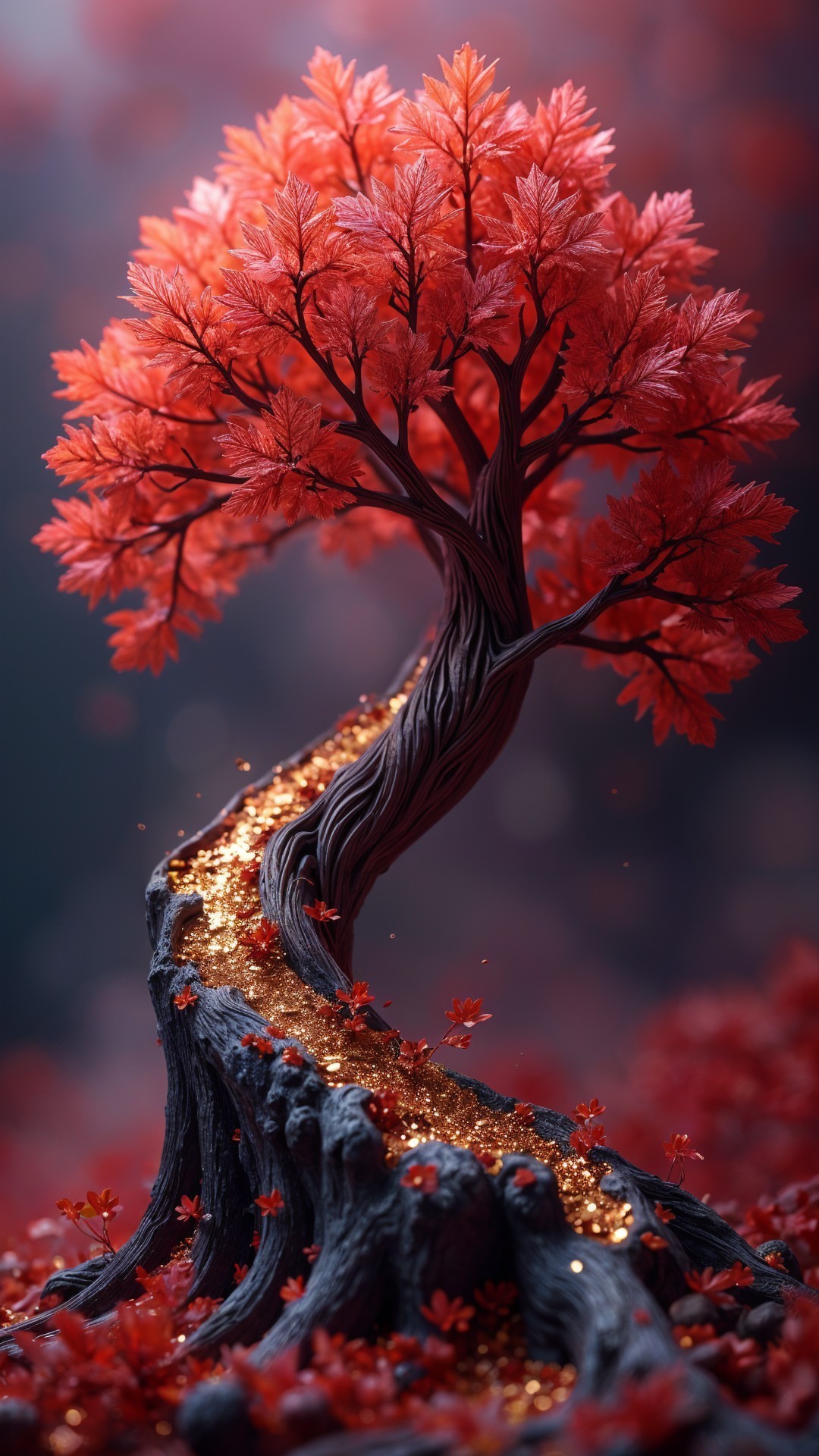 Majestic tree with vibrant red leaves and golden path