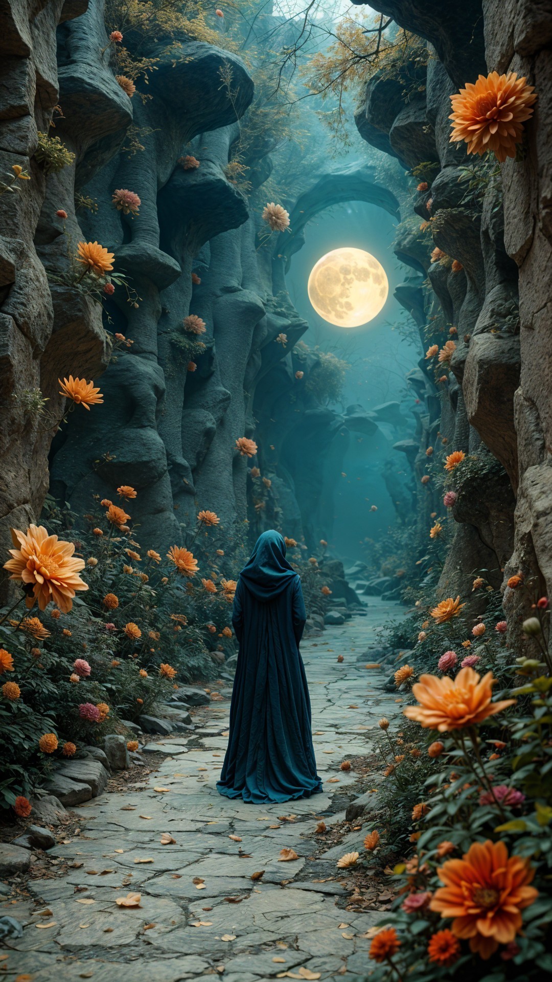 Cloaked Figure in Blue in Mystical Canyon Landscape