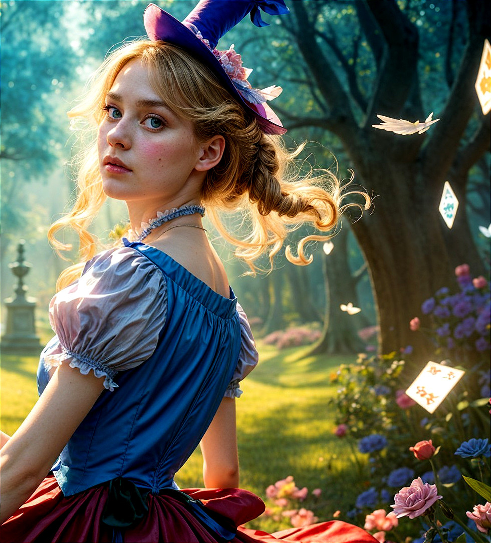 Young woman in colorful dress in enchanting forest