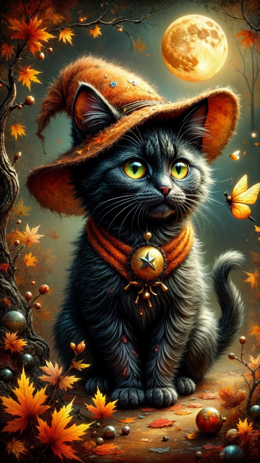 Whimsical Black Cat in Autumn Leaves and Moonlight