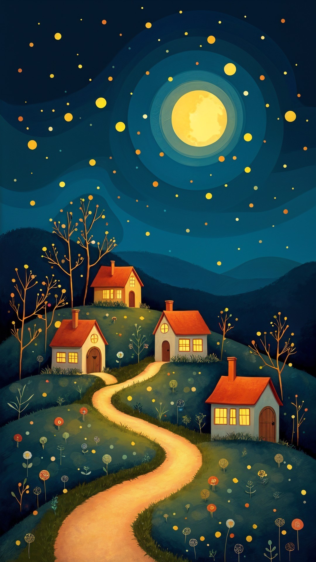 Whimsical Night Scene of Cozy Houses and Hills