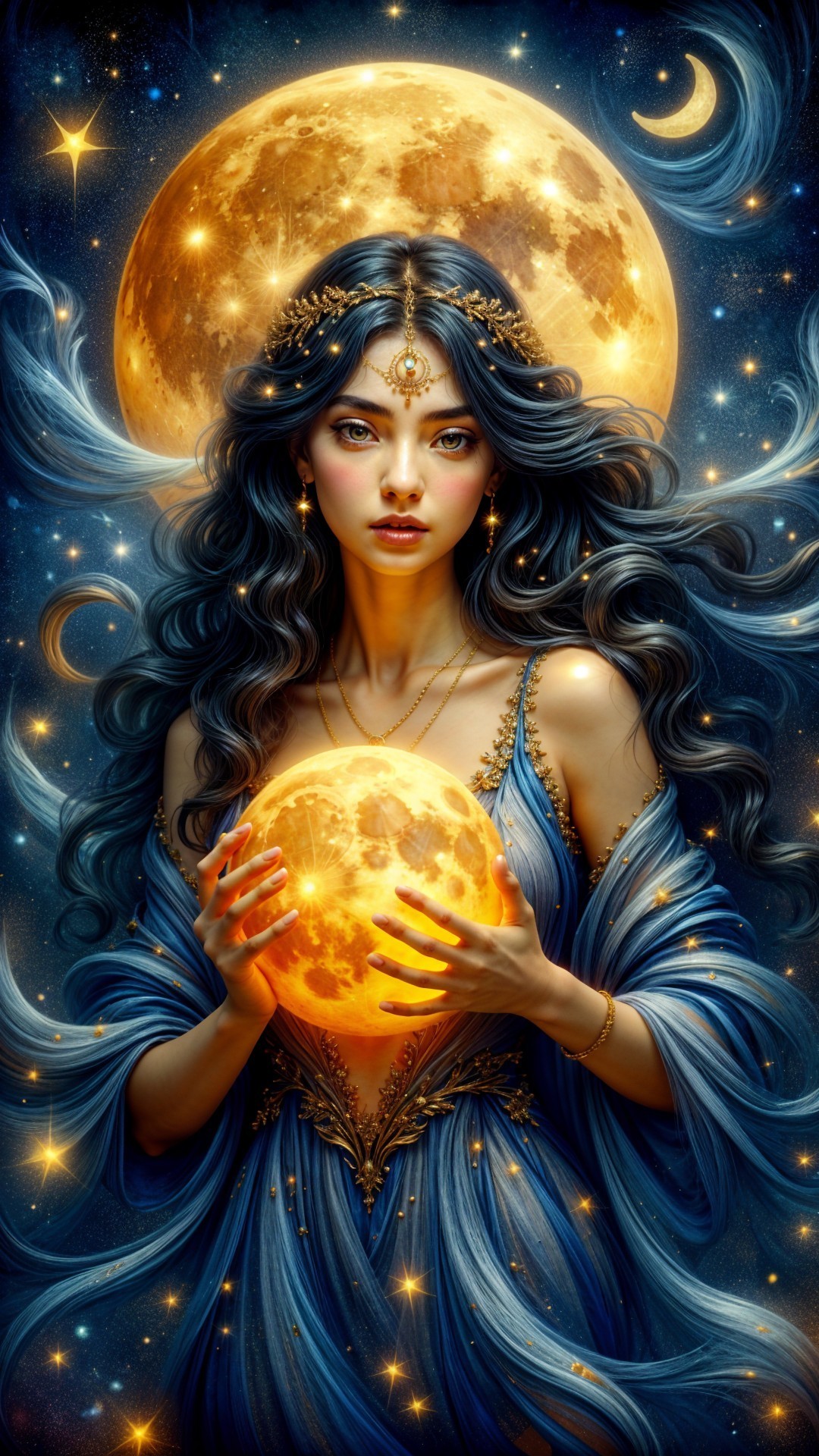 Mystical Woman with Crown and Glowing Orb in Night Sky
