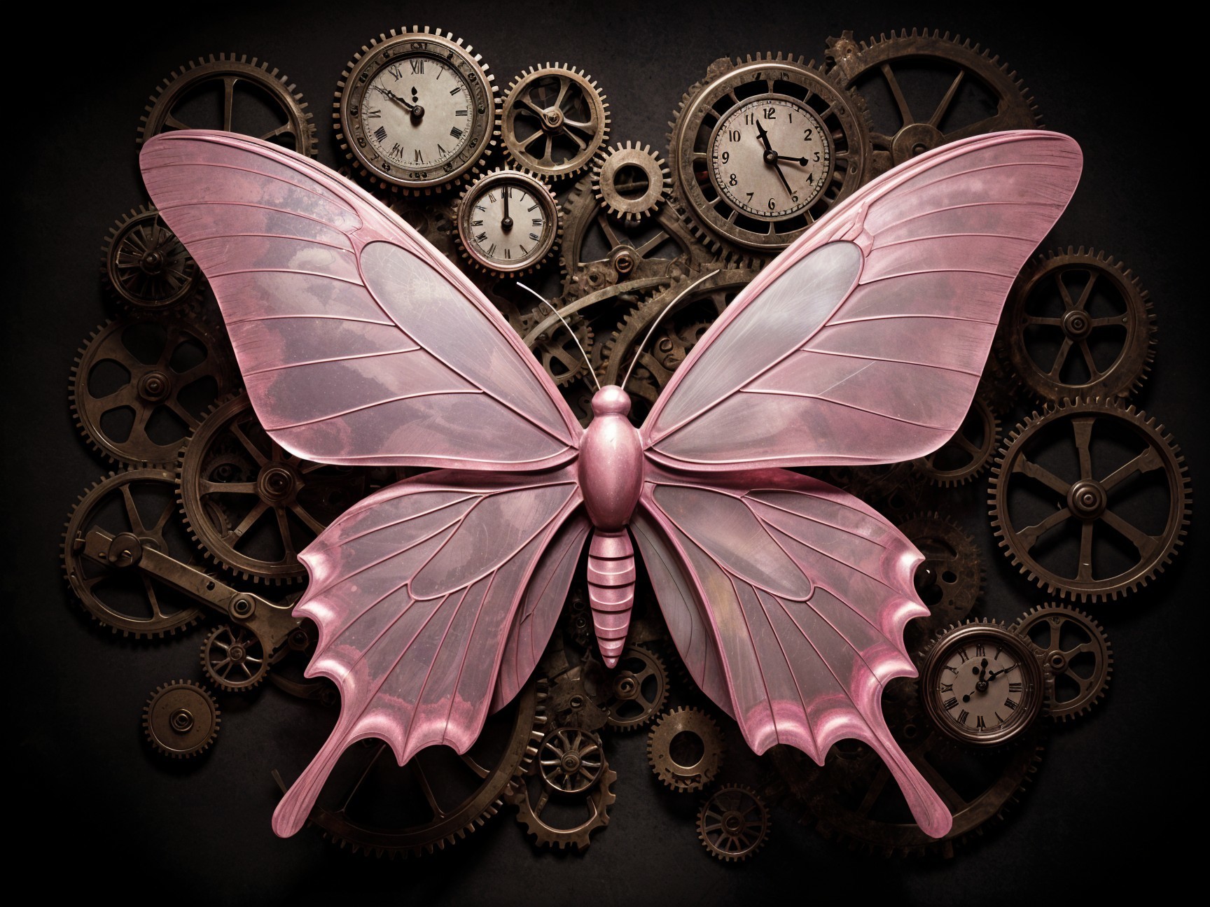 Intricate Pink Butterfly with Vintage Clock Gears