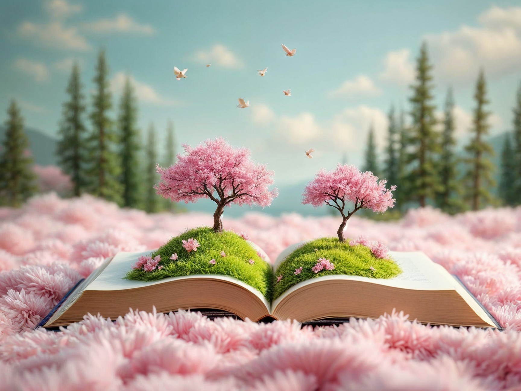 Open Book Surrounded by Pink Flowers and Trees