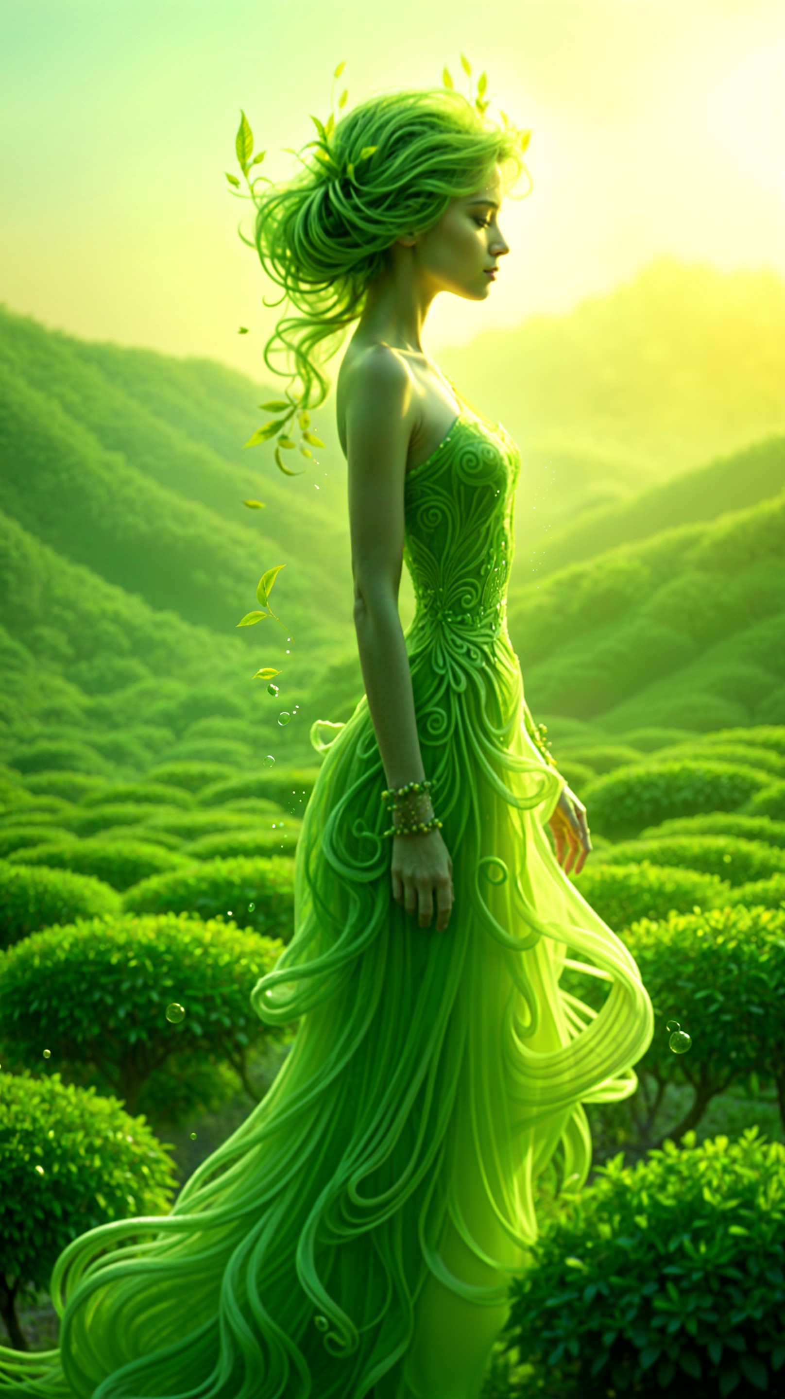 Ethereal figure in green gown among lush hills