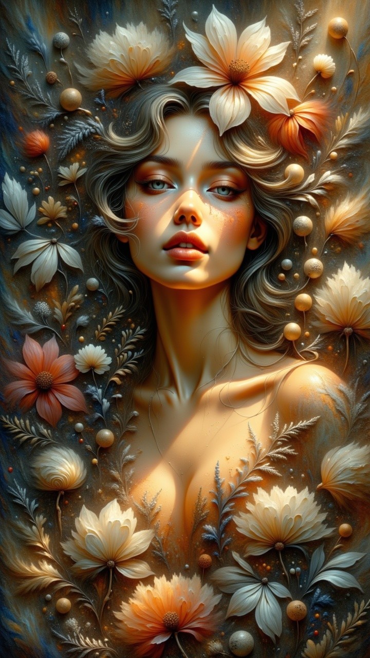 Luminous Portrait of Woman with Floral Patterns