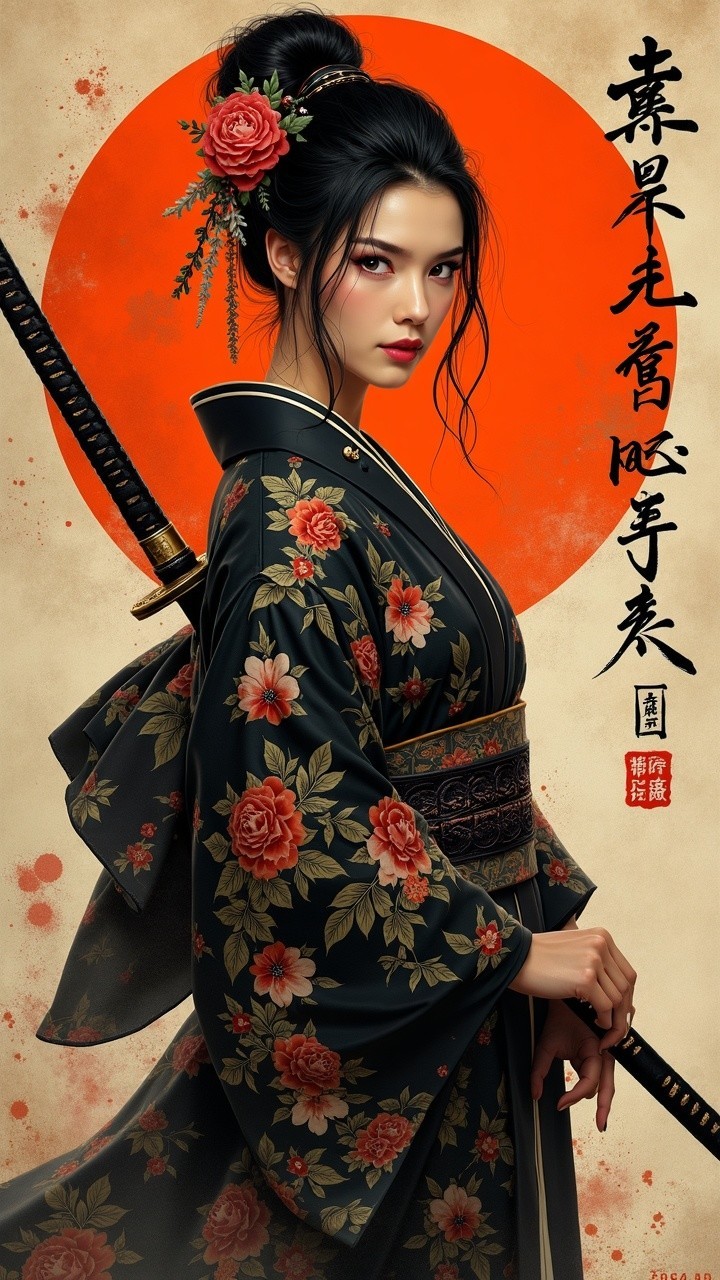 Woman in traditional kimono with katana and floral patterns